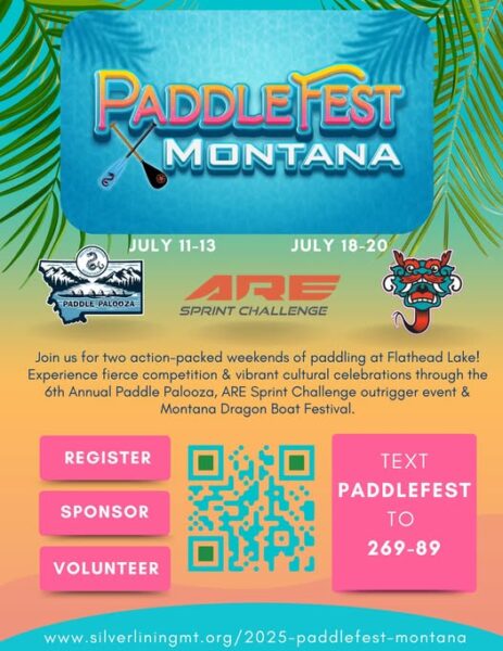 Announcement with QR code for PaddleFest Montana in July 2025